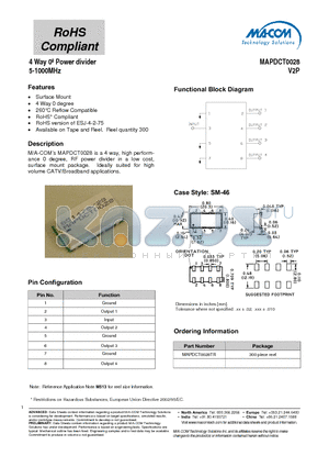 MAPDCT0028TR datasheet - 4 Way 0j Power divider 5-1000MHz