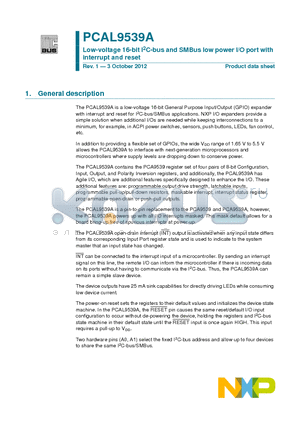 PCAL9539AHF datasheet - Low-voltage 16-bit I2C-bus and SMBus low power I/O port with interrupt and reset