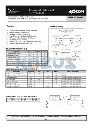 MAPRST1030-1KS datasheet - Avionics Pulsed RF Power Transistor