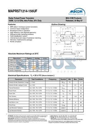 MAPRST1214-150UF datasheet - Radar Pulsed Power Transistor 150W, 1.2-1.4 GHz, 6ms Pulse, 25% Duty