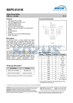MAPS-010144-TR0500 datasheet - Digital Phase Shifter 4-Bit, 2.3 - 3.8 GHz