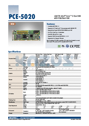 PCE-5020G2-00A1E datasheet - LGA775 Intel^ Core 2 Duo SHB with VGA/Dual GbE