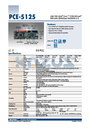 PCE-5125QG2-00A1E datasheet - LGA1156 Intel^ Core i7/i5/i3/Xeon^ SHB with DDR3/Dual GbE/SATA 2.0