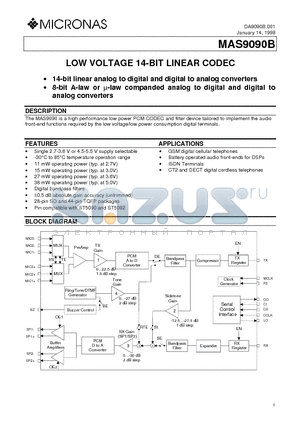 MAS9090BS datasheet - LOW VOLTAGE 14-BIT LINEAR CODEC