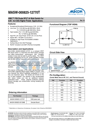 MASW-000825-12770T datasheet - HMICTM PIN Diode SP2T 20 Watt Switch for 0.05 - 6.0 GHz Higher Power Applications