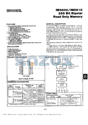 IM5610 datasheet - 256 Bit Bipolar Read Only Memory