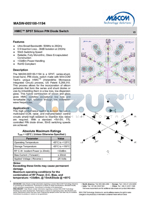 MASW-005100-11940W datasheet - HMIC SP5T Silicon PIN Diode Switch