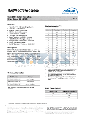 MASW-007070-0001TR datasheet - GaAs SPST Switch, Absorptive, Single Supply, DC-4.0 GHz