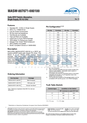 MASW-007071-000100 datasheet - GaAs SPDT Switch, Absorptive, Single Supply, DC-4.0 GHz