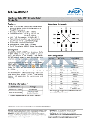 MASW-007587 datasheet - High Power GaAs DPDT Diversity Switch DC - 4.0 GHz