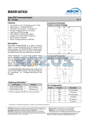 MASW-007935-TR1000 datasheet - GaAs SPDT Terminated Switch DC - 3.0 GHz