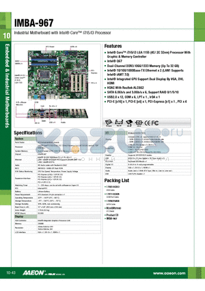 IMBA-967 datasheet - Intel^ Core i7/i5/i3 LGA 1155 (4C/ 2C 32nm) Processor With Graphic & Memory Controller