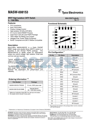 MASW-008153-001SMB datasheet - SPDT High Isolation CATV Switch 5 - 1000 MHz