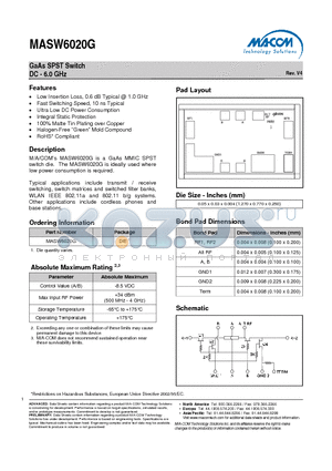 MASW6020G datasheet - GaAs SPST Switch DC - 6.0 GHz