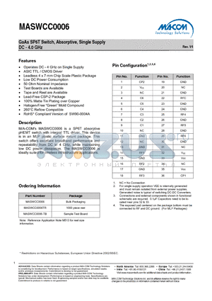 MASWCC0006 datasheet - GaAs SP6T Switch, Absorptive, Single Supply DC - 4.0 GHz