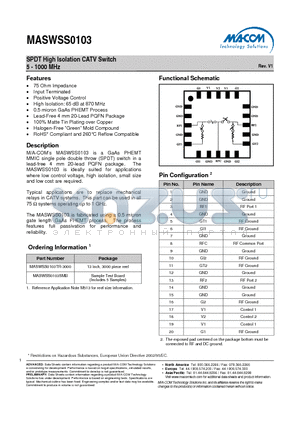 MASWSS0103 datasheet - SPDT High Isolation CATV Switch 5 - 1000 MHz