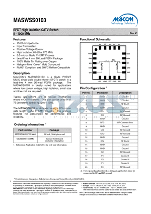 MASWSS0103TR-3000 datasheet - SPDT High Isolation CATV Switch 5 - 1000 MHz
