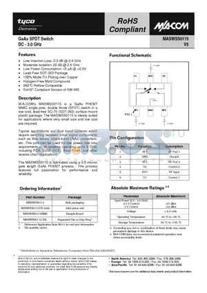 MASWSS0115 datasheet - GaAs SPDT Switch DC - 3.0 GHz