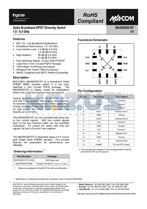 MASWSS0107SMB datasheet - GaAs Broadband DPDT Diversity Switch 1.0 - 6.0 GHz