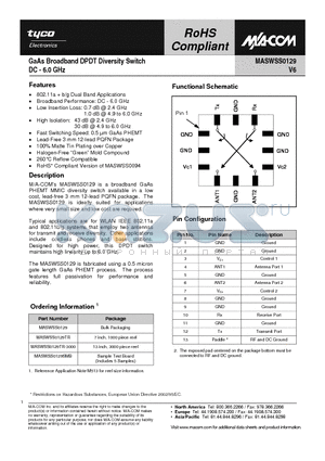 MASWSS0129 datasheet - GaAs Broadband DPDT Diversity Switch DC - 6.0 GHz