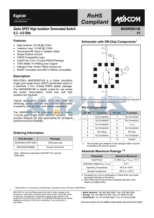 MASWSS0148TR-3000 datasheet - GaAs SPST High Isolation Terminated Switch 0.3 - 4.0 GHz