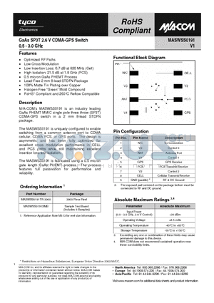 MASWSS0191 datasheet - GaAs SP3T 2.6 V CDMA-GPS Switch 0.5 - 3.0 GHz