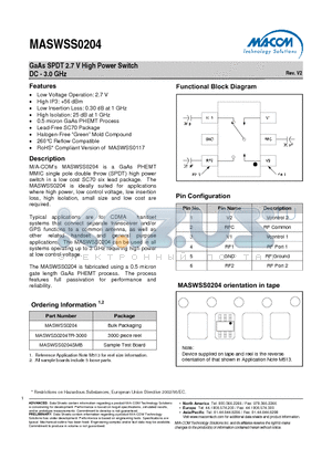 MASWSS0204SMB datasheet - GaAs SPDT 2.7 V High Power Switch DC - 3.0 GHz