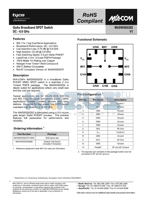 MASWSS0202 datasheet - GaAs Broadband SPDT Switch DC - 6.0 GHz