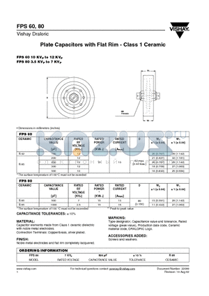 FPS60 datasheet - Plate Capacitors with Flat Rim - Class 1 Ceramic