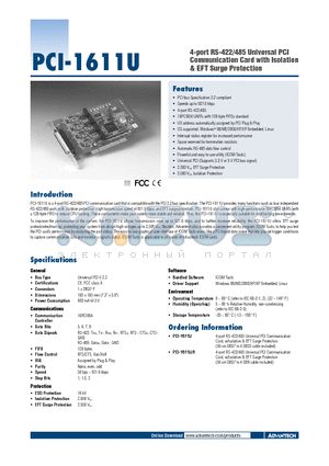 PCI-1611U-9 datasheet - 4-port RS-422/485 Universal PCI Communication Card with Isolation & EFT Surge Protection