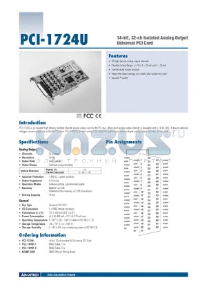 PCI-1724U datasheet - 14-bit, 32-ch Isolated Analog Output Universal PCI Card