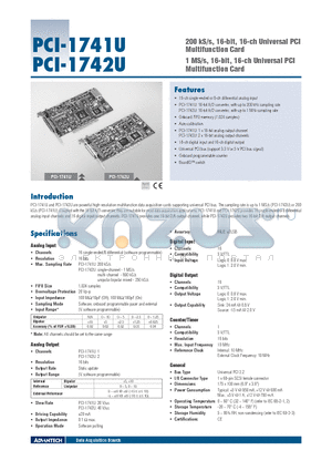 PCI-1741U datasheet - 200 kS/s, 16-bit, 16-ch Universal PCI Multifunction Card