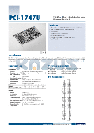 PCI-1747U datasheet - 250 kS/s, 16-bit, 64-ch Analog Input Universal PCI Card