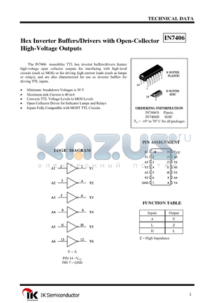 IN7406D datasheet - Hex Inverter Buffers/Drivers with Open-Collector High-Voltage Outputs