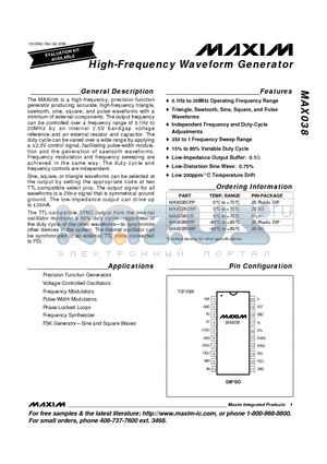 MAX038CPP datasheet - High-Frequency Waveform Generator
