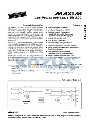 MAX1011 datasheet - Low-Power, 90Msps, 6-Bit ADC