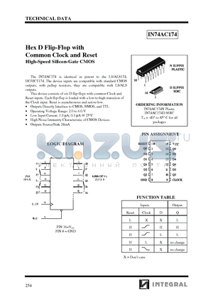IN74AC174 datasheet - Hex D Flip-Flop with Common Clock and Reset High-Speed Silicon-Gate CMOS