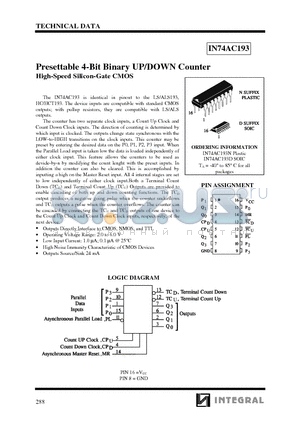 IN74AC193 datasheet - PRESETTABLE 4 - BIT BINARY UP / DOWN COUNTER HIGH - SPEED SILICON - GATE CMOS