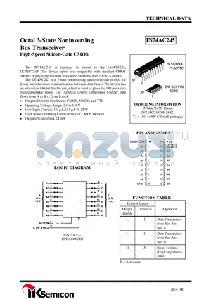 IN74AC245 datasheet - Octal 3-State Noninverting Bus Transceiver High-Speed Silicon-Gate CMOS