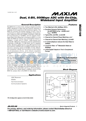 MAX105 datasheet - Dual, 6-Bit, 800Msps ADC with On-Chip, Wideband Input Amplifier