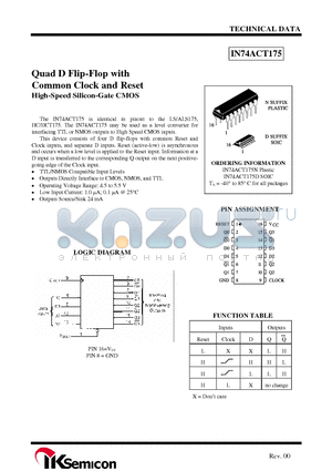 IN74ACT175 datasheet - Quad D Flip-Flop with Common Clock and Reset High-Speed Silicon-Gate CMOS