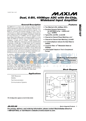 MAX107 datasheet - Dual, 6-Bit, 400Msps ADC with On-Chip, Wideband Input Amplifier