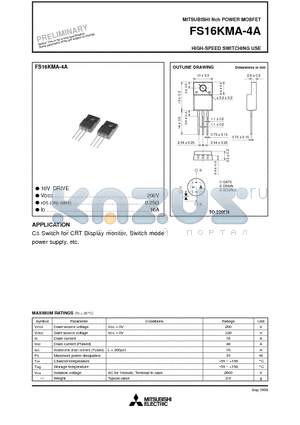 FS16KMA-4A datasheet - Nch POWER MOSFET HIGH-SPEED SWITCHING USE