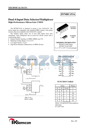 IN74HC153AN datasheet - Dual 4-Input Data Selector/Multiplexer High-Performance Silicon-Gate CMOS