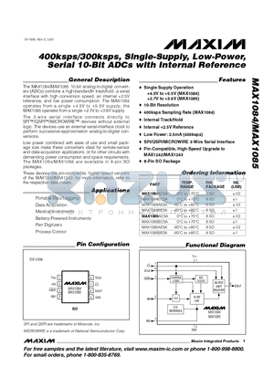 MAX1084BESA datasheet - 400ksps/300ksps, Single-Supply, Low-Power, Serial 10-Bit ADCs with Internal Reference