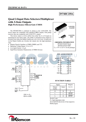 IN74HC258A datasheet - Quad 2-Input Data Selectors/Multiplexer with 3-State Outputs High-Performance Silicon-Gate CMOS