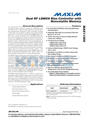 MAX11008 datasheet - Dual RF LDMOS Bias Controller with Nonvolatile Memory