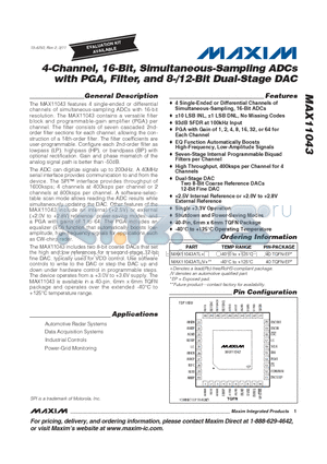 MAX11043 datasheet - 4-Channel, 16-Bit, Simultaneous-Sampling ADCs with PGA, Filter, and 8-/12-Bit Dual-Stage DAC