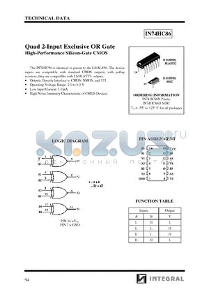 IN74HC86N datasheet - Quad 2-Input Exclusive OR Gate High-Performance Silicon-Gate CMOS