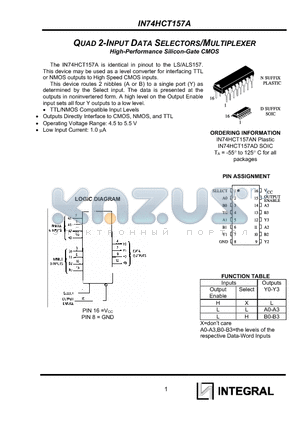 IN74HCT157AN datasheet - QUAD 2-INPUT DATA SELECTORS/MULTIPLEXER